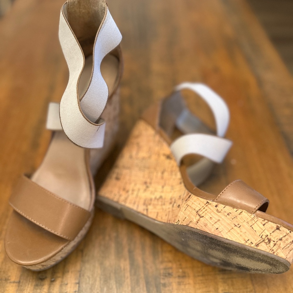 Tan and White Wedge Sandals with Cork Heel